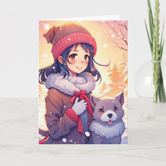 Animeflicka och hund med julbakgrund kort (Framsida)