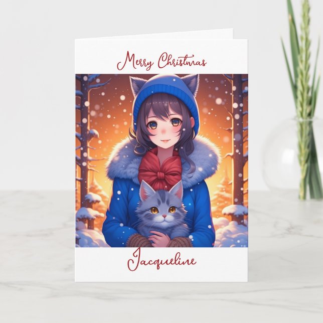 Animeflicka och kattunge färgningssida jul kort (Framsida)