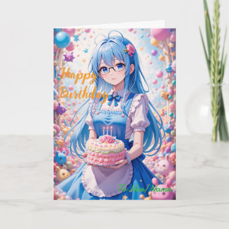 Animeflicka och Kawaii tårtafirande Kort