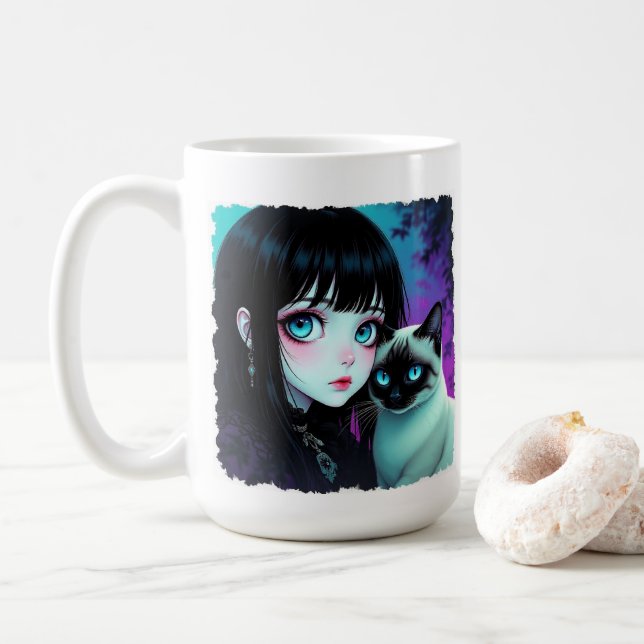 Animeflicka och siamesisk katt-citat kaffemugg (Med munk)