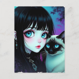 Animeflicka och siamesisk katt | Säger hej Vykort