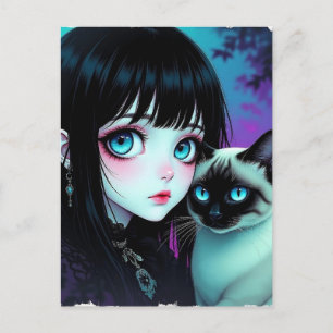 Animeflicka och siamesisk katt Säger hej Vykort