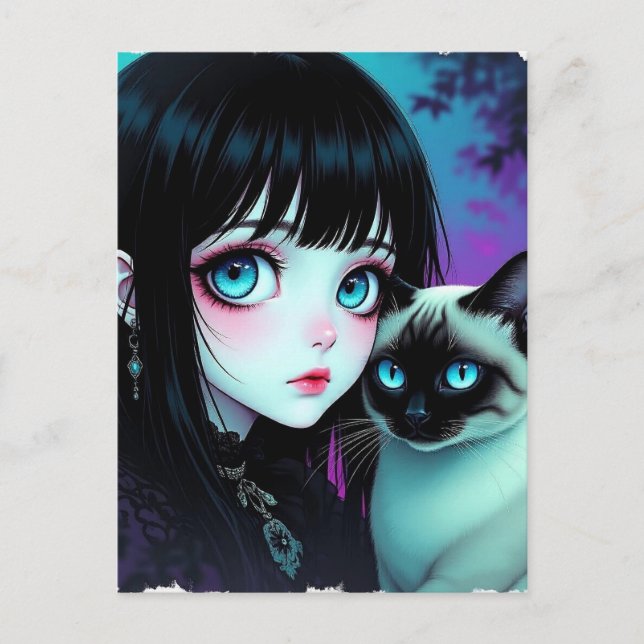 Animeflicka och siamesisk katt | Säger hej Vykort (Framsida)