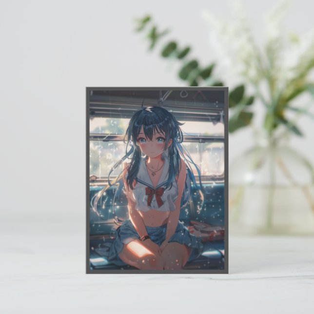Animeflicka på tåg helg vykort (Stående Fram)