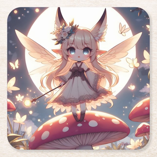 Animeflicka Pixie Hippie Måne Älva Underlägg Papper Kvadrat (Framsidan)