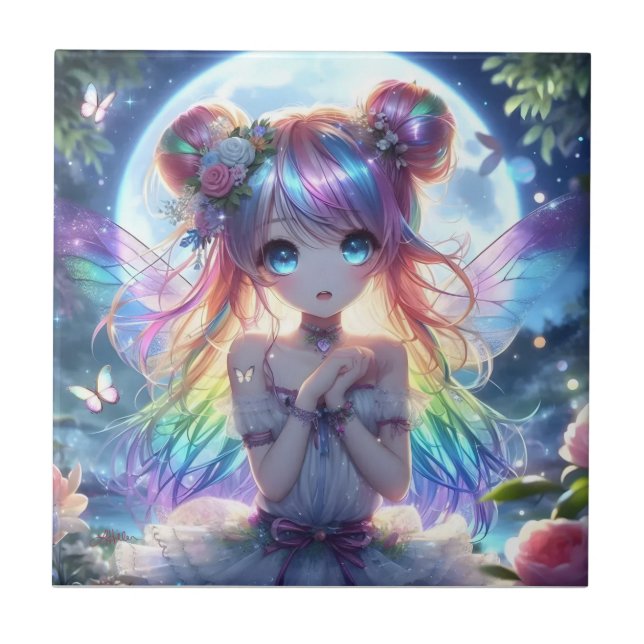 Animeflicka Regnbågshår Sjungande Månfå Fairy Kakelplatta (Framsidan)