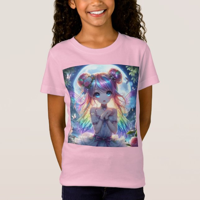 Animeflicka Regnbågshår Sjungande Månfå Fairy T Shirt (Framsida)