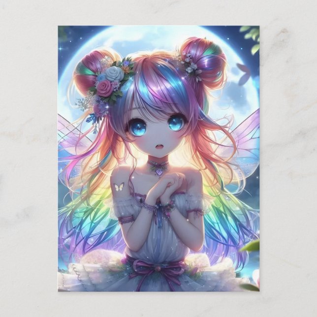 Animeflicka Regnbågshår Sjungande Månfå Fairy Vykort (Framsida)