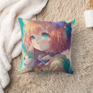 Animeflicka som håller en bedårande kattunge kudde