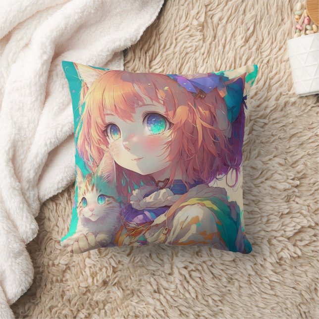 Animeflicka som håller en bedårande kattunge kudde (Filt)