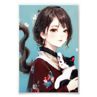 Animeflicka som kramar en svart-vit katt fototryck