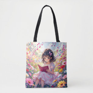 Animeflicka som läser i blommor och noter tygkasse