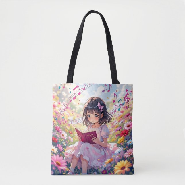 Animeflicka som läser i blommor och noter tygkasse (Framsida)