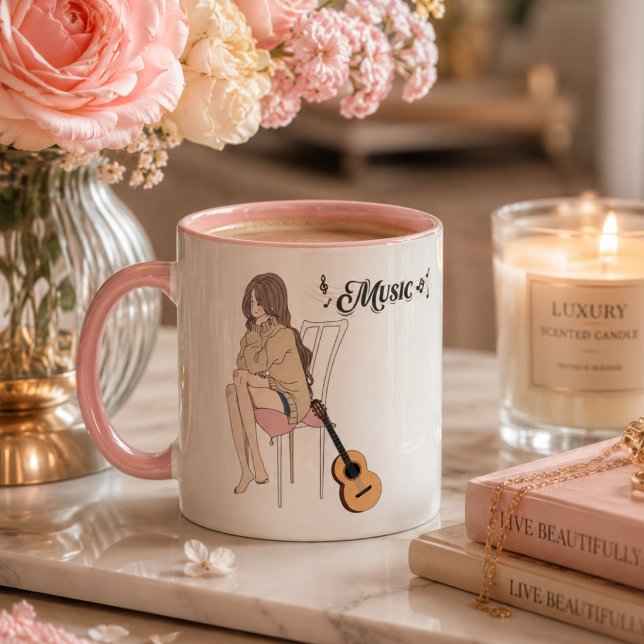 Animeflicka som sitter med gwt & noter – Estetik Mugg (Skapare uppladdad)