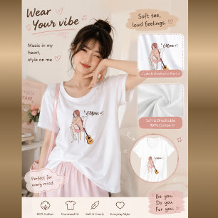 Animeflicka som sitter med katt & Musiknoter – Est T Shirt