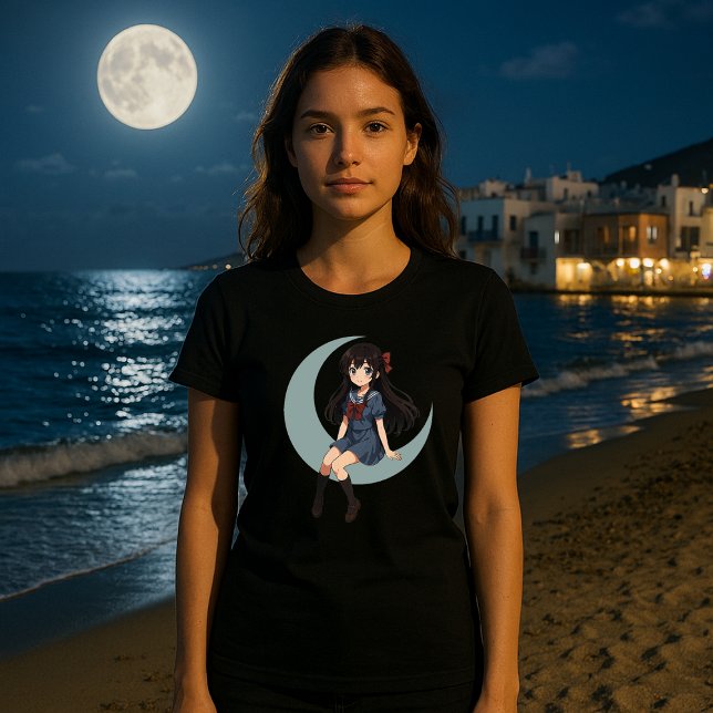 Animeflicka som sitter på en halvmåne t shirt (Skapare uppladdad)