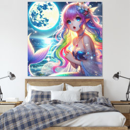 Animeflicka som sjunger månljus pixie regnbåge sjö canvastryck