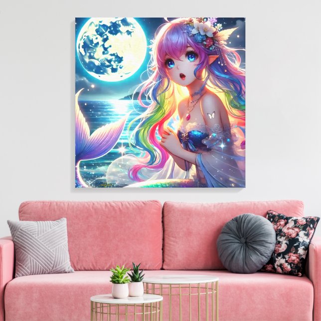 Animeflicka som sjunger månljus pixie regnbåge sjö canvastryck (Insitu (Vardagsrum))