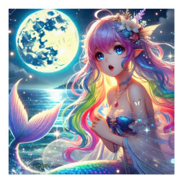 Animeflicka som sjunger månljus pixie regnbåge sjö fototryck