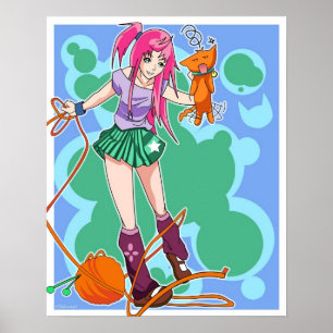 Animekattflicka & katt med garnboll poster