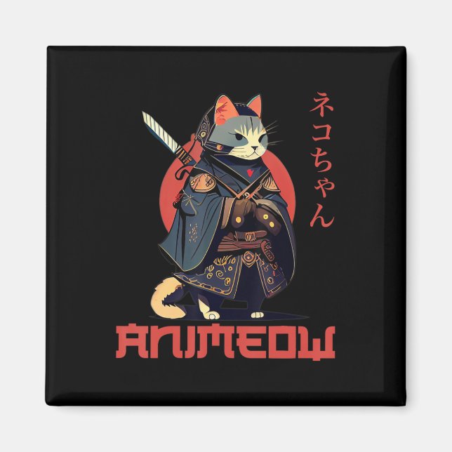 ANIMEOW Roligt Cute Samurai Kawaii Cat Ninja Costu Magnet (Framsidan)