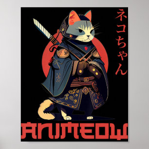 ANIMEOW Roligt Cute Samurai Kawaii Cat Ninja Costu Poster