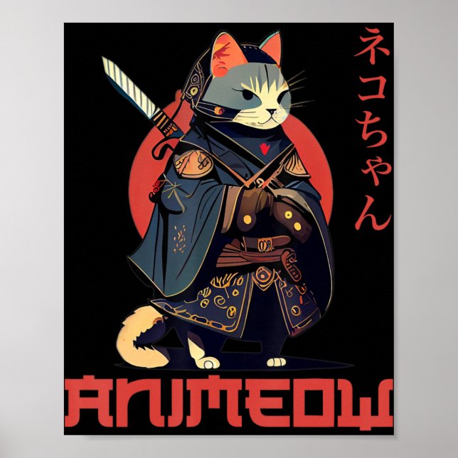 ANIMEOW Roligt Cute Samurai Kawaii Cat Ninja Costu Poster (Framsidan)