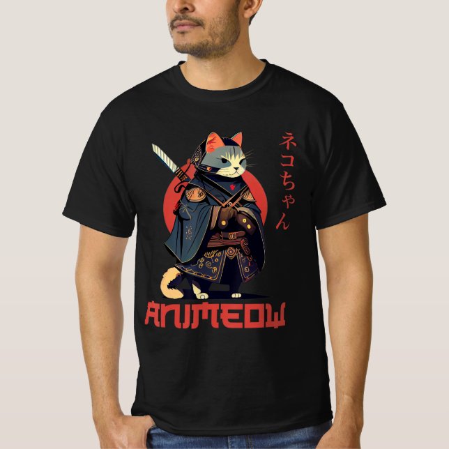 ANIMEOW Roligt Cute Samurai Kawaii Cat Ninja Costu T Shirt (Framsida)