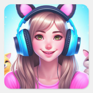 Animera flicka med spelhörlurar fyrkantigt klistermärke