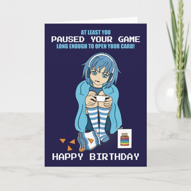 Animera Gamer Girl pausade ditt vildfödelsedagskor Kort (Framsida)