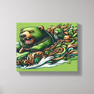 Animerad Bears Riding a Grönt Car in a Vibra 12x16 Canvastryck