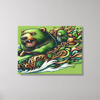 Animerad Bears Riding a Grönt Car in a Vibra 16x20 Canvastryck