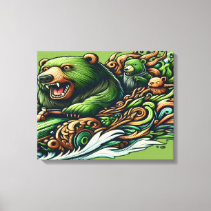 Animerad Bears Riding a Grönt Car in a Vibra 18x24 Canvastryck