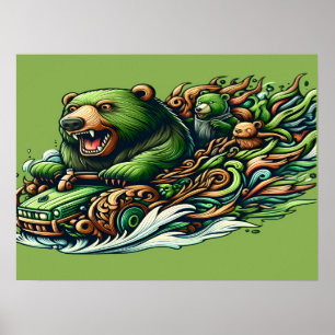 Animerad Bears Riding a Grönt Car in a Vibra 18x24 Poster