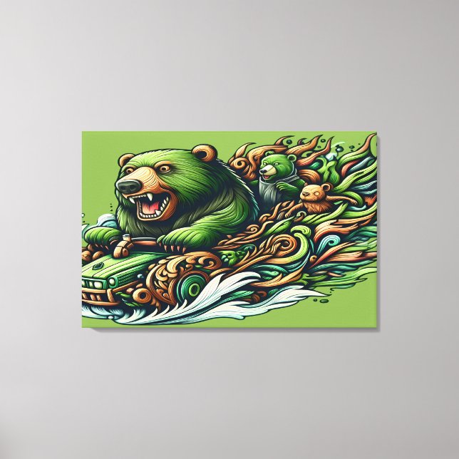 Animerad Bears Riding a Grönt Car in a Vibrant Flä Canvastryck (Framsida)