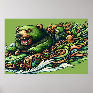 Animerad Bears Riding a Grönt Car in a Vibrant Flä Poster