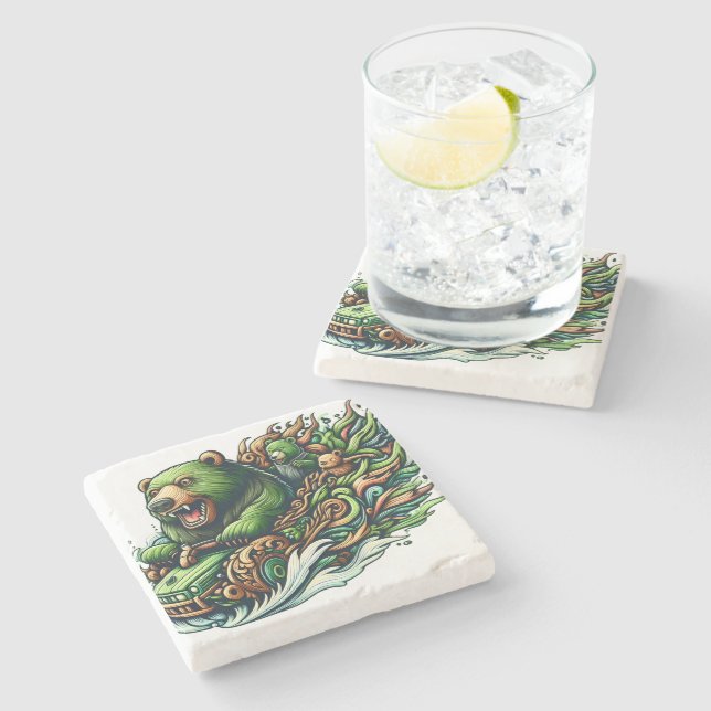 Animerad Bears Riding a Grönt Car Stenunderlägg (Sidan)