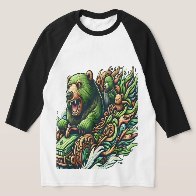 Animerad Bears Riding a Grönt Car T Shirt (Laydown)