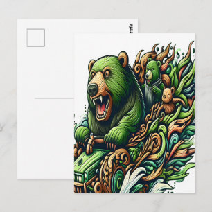 Animerad Bears Riding a Grönt Car Vykort