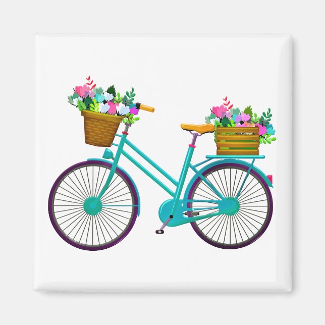 Animerad cykel med blomman basket magnet (Framsidan)