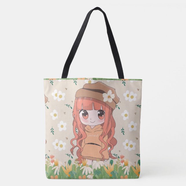 animerad flicka lycklig med blommor tygkasse (Framsida)