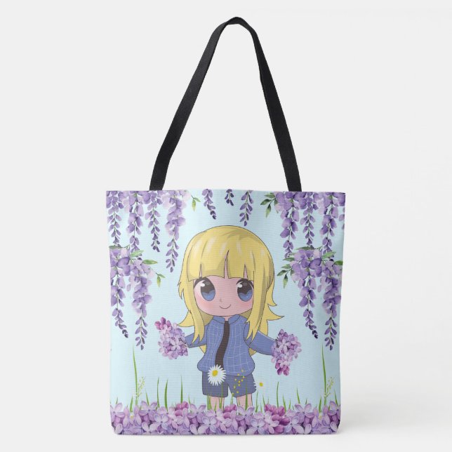 animerad flicka lycklig med blommor tygkasse (Framsida)