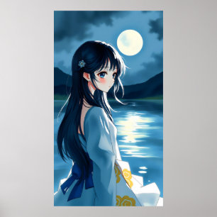 animerad flicka med månbelyst sjö och fluid brushs poster