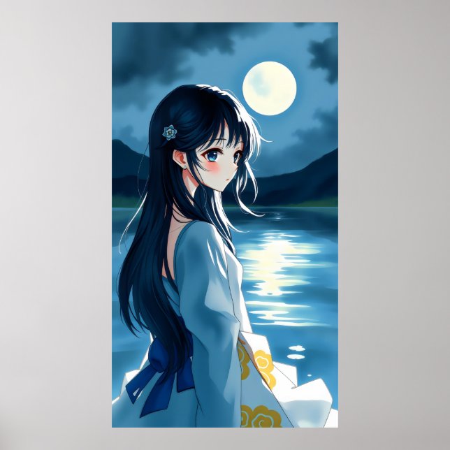 animerad flicka med månbelyst sjö och fluid brushs poster (Framsidan)