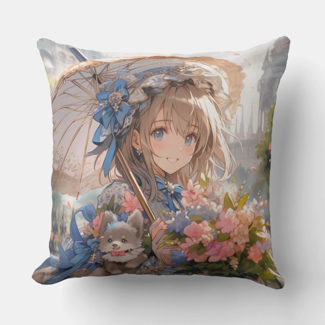 Animerad flicka med paraply kudde (Framsida)