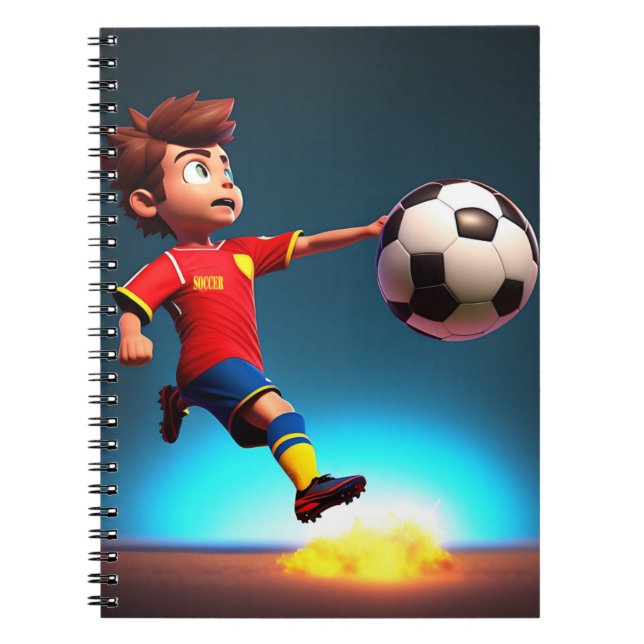 Animerad fotbollsspelare med Boll, bärbar dator Anteckningsbok (Framsidan)