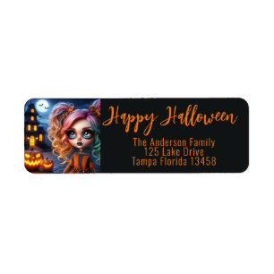 Animerad Girl, Haunted House och Pumpkins Returadress Etikett