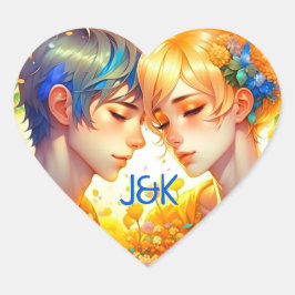 Animerad Pojke Och Flicka Blommig Par Personlig Hjärtformat Klistermärke