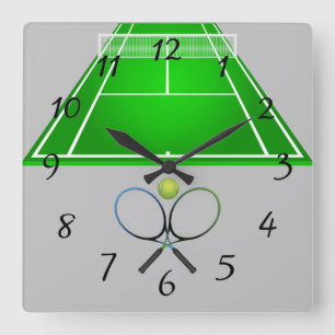 Animerad Tennis Court och racketar Fyrkantig Klocka