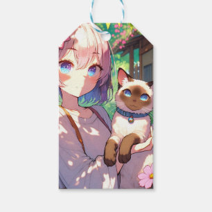 Animo Girl and Siamese Cat To and from Birthday Presentetikett